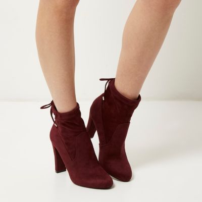 Dark red tie back heeled ankle boots